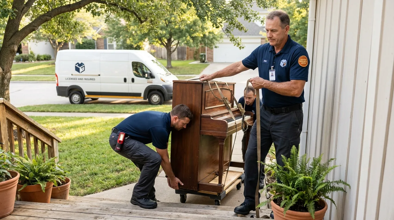 Licensed piano movers securing grand piano in Peru, NY