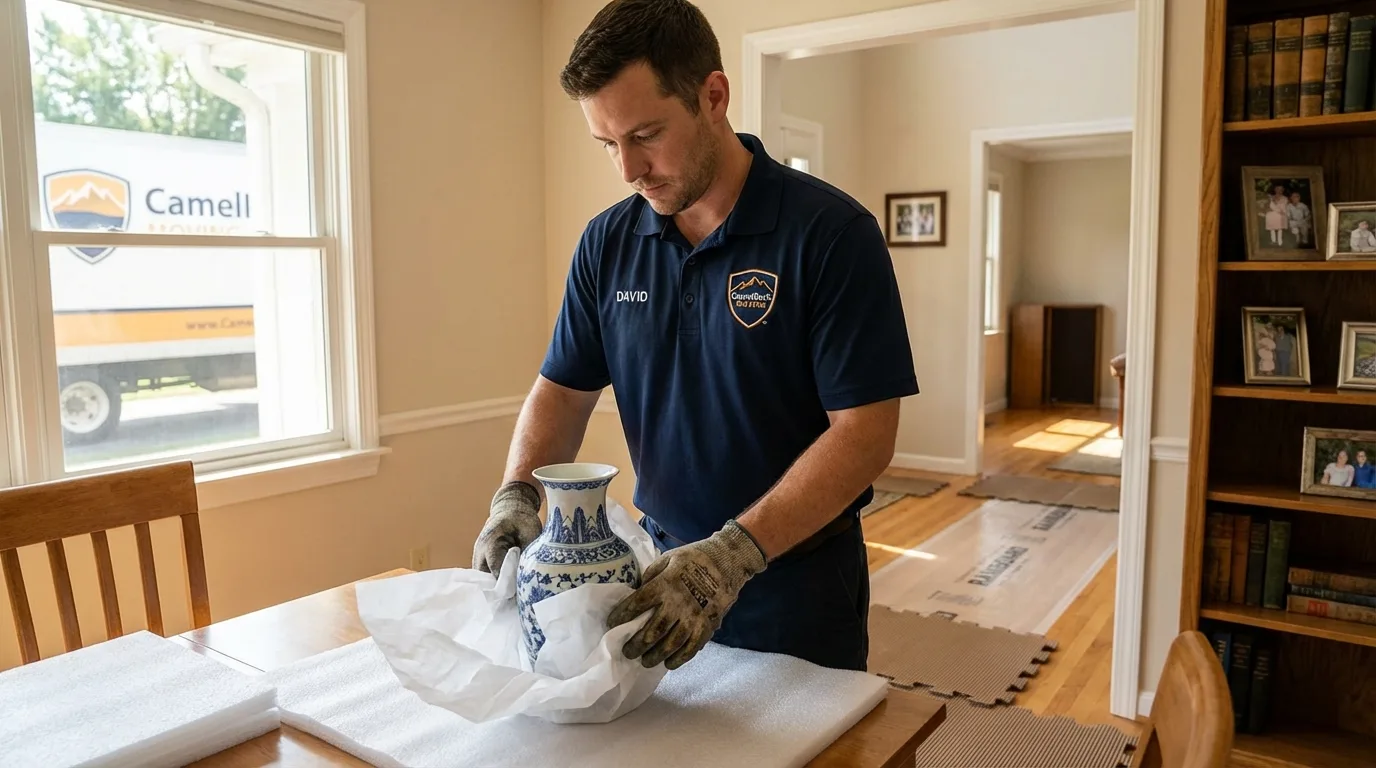 Professional crew carefully wrapping antique vase for senior downsizing move in Peru, NY